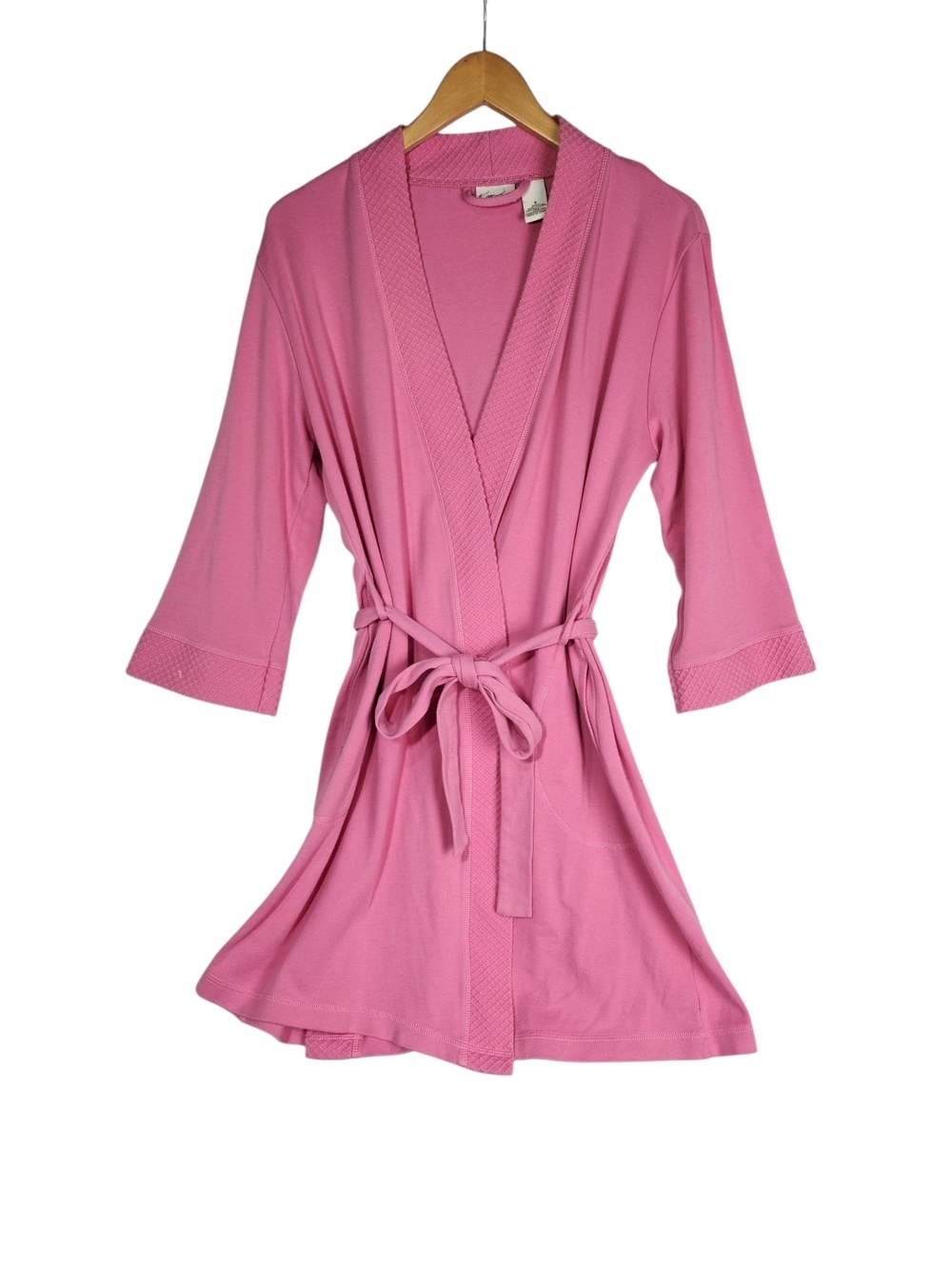 Kim Rogers Pink Wrap Robe Small Cotton Blend Tie Waist 3/4 Sleeve Loungewear Y2K